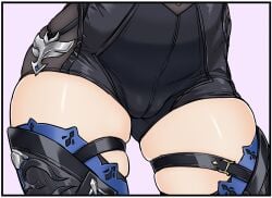 ahemaru cameltoe close-up eula_(genshin_impact) female genshin_impact head_out_of_frame henriiku_(ahemaru) legs lower_body pink_background simple_background skindentation thick_thighs thigh_gap thigh_strap thighhighs thighs