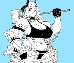 abs arknights bare_shoulders bb_(baalbuddy) biceps blue_background breasts cleavage closed_mouth cowboy_shot elite_ii_(arknights) english_text female gloves hammer hand_up highres holding holding_hammer horns huge_breasts jacket long_hair mudrock_(arknights) muscular muscular_female navel off_shoulder one_eye_closed over_shoulder red_eyes simple_background solo spot_color standing tank_top weapon weapon_over_shoulder white_background