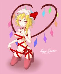 bangs blonde_hair breasts commentary_request crystal cursive dai_zu_san english_text female finger_to_mouth fingernails flandre_scarlet full_body happy_valentine hat hat_ribbon kneeling long_hair looking_at_viewer medium_breasts mob_cap naked_ribbon navel open_mouth partial_commentary pink_background red_eyes red_legwear red_ribbon ribbon sharp_fingernails sharp_teeth shushing simple_background solo teeth thighhighs touhou valentine white_headwear wings