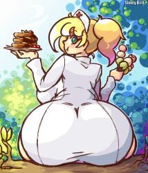 1girls abstract_background ass ass_in_dress blonde_hair breast dat_ass dress eating female female_focus female_only food green_eyes huge_ass large_ass large_breasts looking_at_viewer looking_back nurse nurse_(terraria) nurse_cap nurse_hat nurse_uniform ponytail sideboob sitting steely_bird terraria thick_thighs thighs tight_clothing tight_dress