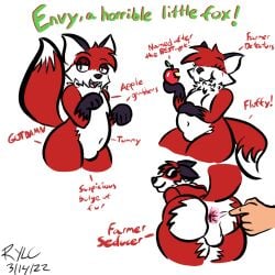 ambiguous_gender anthro anus apple ass canid canine dynamitegrizzly_(artist) eating envy_the_horrible_little_fox_(dynamitegrizzly) food fox human human_on_anthro interspecies mammal null_bulge presenting presenting_anus red_fox slightly_chubby solo spread_butt spreading text