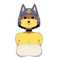 2022 ahe_gao animal_crossing animal_ears ankha ankha_(animal_crossing) bangs bare_shoulders black_eyes blue_hair blunt_bangs bob_cut breasts cleavage colored_skin dot_nose drawing felid feline felis female fur furry furry_female furry_only hair_ornament highres huge_breasts line_art looking_at_viewer nintendo open_mouth potatoartox self_upload simple_background smile solo tareme tongue tongue_out upper_body white_background yellow_skin