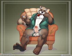 2022 anthro brown_body eyewear facial_hair furniture genitals glasses hi_res humanoid_genitalia humanoid_hands humanoid_penis male mammal marty_raccoon mature_male moustache overweight overweight_male penis procyonid raccoon sitting sofa solo wolfblade