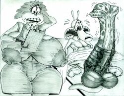 anthro clipboard dr._hutchison erect_nipples eyelashes feline female fritztcatking furry hook_hand horsecock hyper_breasts hyper_penis monochrome pencil_(artwork) rocko rocko's_modern_life solo traditional_media_(artwork) wallaby what