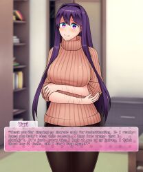 1girls 2022 arms_folded clothing dialogue doki_doki_literature_club female female_only large_breasts long_hair looking_at_viewer purple_eyes purple_hair self-harm_scars smile standing sweater text text_box triplestabber yuri_(doki_doki_literature_club)