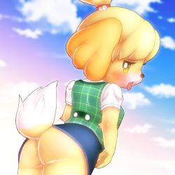 animal_crossing anthro ass bedroom_eyes blush bottomwear bunnag canid canine canis clothed clothing cloud domestic_dog female fur hi_res isabelle_(animal_crossing) looking_back low-angle_view mammal narrowed_eyes nintendo no_underwear seductive shih_tzu skirt sky sky_background solo tongue tongue_out toy_dog upskirt video_games white_body white_fur yellow_body yellow_eyes yellow_fur