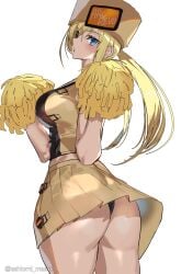 ashiomi_masato ass black_panties black_thong blonde_hair blue_eyes blush cheerleader cheerleader_uniform guilty_gear hat looking_at_viewer looking_back millia_rage panties pom_poms skirt solo standing tagme thighs thong upskirt