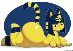 2022 absurd_res animal_crossing ankha ankha_(animal_crossing) anthro ass big_breasts big_butt blue_body blue_fur blue_hair breast_squish breasts domestic_cat felid feline felis female female_only fur hair hi_res huge_ass huge_breasts huge_butt lying mammal naked nintendo nude on_front shortstack side_boob side_view solo solo_female squish thick_thighs ultrastax video_games yellow_body yellow_fur