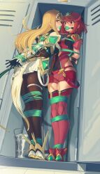 2girls ball_gag bondage cad closet collar kaddo leash leash_and_collar leash_pull leashed_together locker mythra pyra xenoblade_(series) xenoblade_chronicles_2 yuri