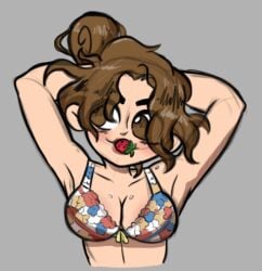 bra breasts brown_eyes brown_hair kinkeager matching_hair/eyes messy_hair original_character polly polly_(kinkeager) strawberry