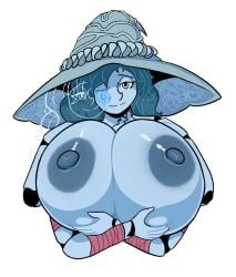 1girls 4_arms big_breasts blue_eyes blue_hair blue_skin breasts elden_ring fromsoftware hat holding_breast kingmelon large_breasts looking_at_viewer multi_face nipples one_eye_closed ranni_the_witch simple_background smile solo solo_female white_background witch_hat