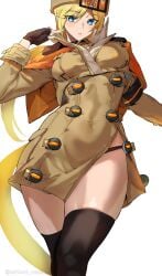 ashiomi_masato black_panties blonde_hair blue_eyes coat gloves guilty_gear hat long_hair looking_at_viewer millia_rage open_coat panties panty_peek pantyshot side_slit skindentation solo standing tagme thick_thighs thighhighs thighs very_long_hair wide_hips