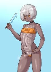 absurdres bare_shoulders blue_background blush breasts cameltoe dark-skinned_female dark_skin ebonyxh female food freckles gris_swimsuit highres meme_attire navel one-piece_swimsuit open_mouth popsicle punishing:_gray_raven see-through see-through_swimsuit short_hair silver_hair simple_background small_breasts solo sophia_(punishing:_gray_raven) sweat swimsuit yellow_eyes yellow_nails