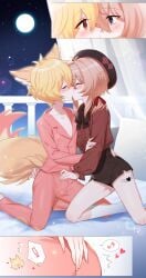 ! +++_(artist) 2boys animal_ears ass_grab beret blonde_hair blush censored closed_eyes commission covered_penis covered_testicles cute eye_contact femboy fox_ears fox_tail full_moon girly hand_on_another's_hip hat heart heart-shaped_pupils highres kissing leg_tattoo light_brown_hair looking_at_another male male_focus male_only moon multiple_boys musical_note night night_sky original pajamas pectorals pointless_censoring short_hair short_shorts shorts skeb_commission sky spoken_exclamation_mark spoken_musical_note symbol-shaped_pupils tail tattoo trap wholesome yaoi