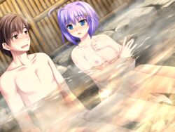 1boy ahoge alpha_(yukai_na_nakamatachi) bangs blue_eyes blush breasts brown_eyes brown_hair collarbone day dutch_angle eyebrows_visible_through_hair female female game_cg hair_between_eyes hair_intakes hair_ornament makishima_amane male medium_breasts medium_hair mixed_bathing nipples okiba_ga_nai! onsen open_mouth outdoors partially_submerged purple_hair seiji_amanogawa shiny shiny_hair short_hair sitting star_(symbol) star_hair_ornament steam towel water wavy_mouth