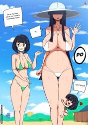 3girls asian beach bikini black_hair clinging face_mask gold_eyes hair_over_eyes hasshaku-sama horror huge_breasts japanese kuchisake-onna large_breasts long_hair looking_at_viewer ryured seaside short_hair sisters speech_bubble sun_hat tall_female voluptuous