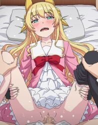 1boy aqua_eyes blonde_hair blush censored clothed_sex dress fantasy_bishoujo_juniku_ojisan_to female fingerless_gloves gloves jinguuji_tsukasa leg_grab long_hair lying missionary mosaic_censoring on_back on_bed pants_around_one_leg penis pussy sex sharp_teeth sweat tachibana_hinata_(fantasy_bishoujo) teeth tiara tomu_(tomubobu) vaginal_penetration