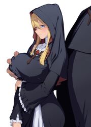 1boy 1girls big_hands blonde_female blonde_hair blue_eyes blush breast_grab breasts busty female grabbing grope groping hi_res huge_breasts human male nun original pastime774 priest straight veil