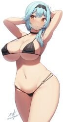 1girls 2022 armpits arms_behind_head arms_up artist_signature asymmetrical_hair bikini black_bikini blue_hair blush breasts embarrassed eula_(genshin_impact) female female_only genshin_impact hair_ornament hips huge_breasts long_hair looking_at_viewer samegami simple_background slim_waist thick_thighs thighs white_background wide_hips yellow_eyes