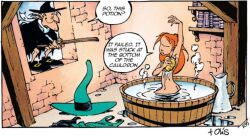 2girls ass aunt_and_niece bath bathing bathtub butt casual clothing comic comic_page dialogue english_text female headwear human in_front_of_another melusine_(spirou_magazine) melusine_anoukian multiple_girls nude nude_female orange_hair pale_skin red_hair screencap screenshot soap spirou_magazine sponge white_hair witch witch_hat