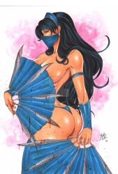 1girls 2d ass black_hair blood bracelet bubble_butt cleavage covering_breasts covering_self distracting_watermark ed_benes_studio face_mask huge_breasts kitana lanio_sena long_hair mask masked masked_female mortal_kombat mortal_kombat_(2011) royalty thong topless watermark