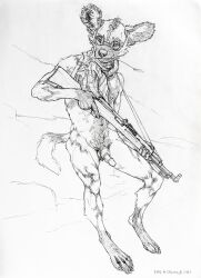 african_wild_dog anthro bodily_fluids canid canine chewing_grass everruler eyewear genital_fluids genitals glasses gun hi_res looking_back male mammal penis precum ranged_weapon rifle round_glasses shemagh sitting sks solo tail weapon