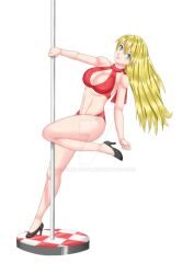 aqua_eyes blonde_hair cleavage_cutout dancer dancer_outfit dancing ferulaboy high_heels large_breasts long_hair original original_character pole_dancing stripper_pole thick_thighs