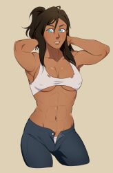 1girls abs artist_request avatar_the_last_airbender belly belly_button black_hair blue_eyes bra breasts brown_body brown_skin clothing confident cowboy_shot cute_girl dark-skinned_female dark_skin front_view hair_between_eyes hands_behind_head jeans korra long_hair looking_at_viewer looking_back medium_breasts muscle muscles muscular muscular_female nickelodeon open_clothes open_jeans panties plain_background revealing revealing_clothes revealing_clothing revealing_outfit shadow shadows sideboob six_pack small_bra smooth_skin tagme the_legend_of_korra toned_female torn_bra torn_clothes torn_clothing unbuttoned underboob underwear upper_body white_bra white_panties