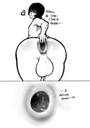 1boy anal_vore anus_juice anus_outline backsack big_balls black_and_white black_hair black_hole butt_blush close_up domination fat_ass felix_(modeseven) femboy feminine_male gaping_anus gay imminent_anal imminent_vore implied_anal_vore implied_vore looking_at_viewer male_only modeseven monochrome naked_male no_color pov siren