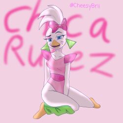 adorable animatronic anthro beak blue_eyes bow crouching earrings facepaint female female_focus female_only five_nights_at_freddy's five_nights_at_freddy's:_security_breach fnaf full_body fully_clothed furrification furry glamrock_chica_(fnaf) graffiti highleg_leotard kneeling leg_warmers legwear leotard lipstick medium_breasts pink_background posing robot shoulder_pads sitting swimsuit thick_thighs white_body white_feathers