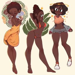 3girls afro ass_out barefoot big_eyes bikini breasts closed_eyes clothed clothing dark-skinned_female dark_skin dreadlocks dress earrings female female_only halo hi_res human jean_shorts looking_at_viewer mr_fish_corpse nail_polish no_sex original_character shoes simple_background stars