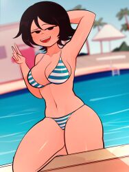 arkeus armpits arms_up big_breasts bikini female female_only knives_chau mob_face peace_sign pool scott_pilgrim short_hair solo solo_female solo_focus striped_bikini stripes v