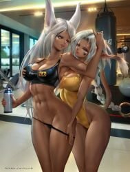 2girls abs aisha_clanclan animal_ears breasts catgirl circlet crossover dark-skinned_female dark_skin felox08 female green_eyes gym humanoid imminent_sex large_breasts leotard long_hair mirko miruko my_hero_academia outlaw_star pornhub rabbit_ears rabbit_girl red_eyes rumi_usagiyama text_on_shirt voluptuous white_hair workout_clothes yuri