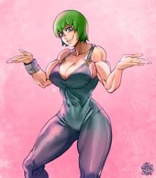 1girls big_breasts breasts female foo_fighters green_hair jojo's_bizarre_adventure light-skinned_female light_skin muscular_female short_hair shounen_jump simple_background smile solo stone_ocean tagme thegoldensmurf