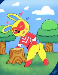 2022 animal_crossing ass bigbonesart blush boots bunny_ears bunny_girl cosplay costume latex looking_at_viewer mask mira_(animal_crossing) nintendo outside rabbit rabbit_ears rabbit_tail tease teasing thick_thighs thighs wink winking