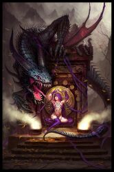 1boy 1monster big_breasts dragon elf fantasy female female imminent_bestiality imminent_sex lingerie priestess reptile ritualist scales scalie