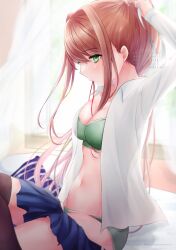 belly big_breasts bra breasts doki_doki_literature_club green_bra green_eyes mitarou_sk monika_(doki_doki_literature_club) panties skirt skirt_down