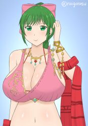 1girls alternate_breast_size big_breasts bow breasts cleavage earring female female_only fire_emblem fire_emblem:_genealogy_of_the_holy_war green_eyes green_hair huge_breasts jewelry large_breasts lene_(fire_emblem) looking_at_viewer medium_hair midriff navel necklace nintendo ponytail raigarasu revealing_clothes sideboob smile solo