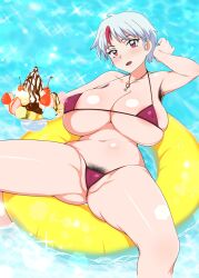 big_breasts hairy_armpits hairy_pussy higurashi_towa simple_background swimming_pool swimsuit yashahime:_princess_half-demon