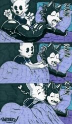 2boys annoyed anthro ass ass_focus bed black_eyes black_fur buckteeth comic cute dat_ass faked femboy furry kissing no_sex pac-man_eyes parasitedeath predator/prey rabbit rabbit_(parasitedeath) safe sharp_teeth sleeping tongue tongue_out tucked_in tucking unexpectedly_good white_fur wholesome wolf wolf_(parasitedeath)