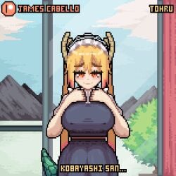 2d 2d_animation 8-bit animated big_breasts blonde_hair bra dialogue dragon_girl gif horn james_cabello kobayashi maid miss_kobayashi's_dragon_maid orange_eyes pixel pixel_animation pixel_art tagme tail tohru_(dragon_maid)