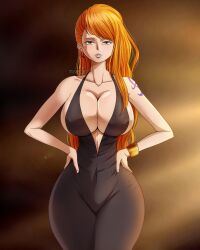 1girls big_breasts black_dress breasts brown_eyes cleavage curvy ear_piercing female female_only hands_on_hips huge_breasts long_hair looking_at_viewer musaed_art nami narrow_waist one_piece orange_hair post-timeskip sideboob solo solo_female tattoo twitter_username two-tone_background voluptuous wide_hips