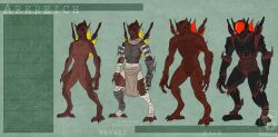 3_toes alien animal_genitalia anthro arkreich armor black_claws black_clothing breasts claws clothing duo english_text feet female genital_slit genitals green_background grey_clothing headgear helmet hi_res horizontal_slit invalid_tag long_claws looking_aside male model_sheet moonstalkerwerewolf nude off/on red_body red_clothing red_skin science_fiction simple_background slit standing text toes watermark