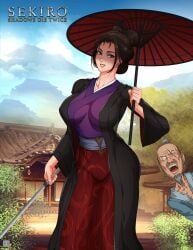 1girls 2d cleavage emma_(sekiro) female fromsoftware hakama haori isshin_ashina japanese_clothes large_breasts light-skinned_female male nihongami see-through_clothing sekiro:_shadows_die_twice wide_hips