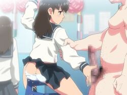 1boy 2girls animated ass ass_cleavage butt_crack censored clothed_female_nude_male female forced_handjob handjob male mosaic_censoring nighthawk_(circle) nude nude_male panties panties_down penis penis_grab school school_uniform schoolgirl skirt time_stop