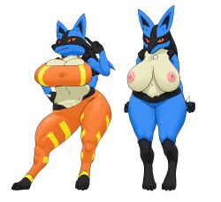 absurd_res anthro areola big_breasts biped bra breasts cleavage clothed clothing digital_media_(artwork) female genitals gesture hi_res huge_breasts leggings legwear looking_at_viewer lucario nintendo nipples pokemon pokemon_(species) pussy realius simple_background smile solo spikes spikes_(anatomy) sports_bra standing thick_thighs traditional_media_(artwork) underwear v_sign video_games