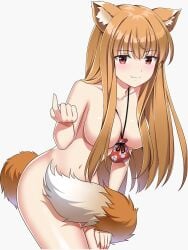 1girls animal_ears artist_request between_breasts blush breasts brown_eyes brown_hair censored censored_nipples convenient_censoring female hair_censor holo jewelry large_breasts long_hair naked_necklace navel necklace nude shiny shiny_skin solo spice_and_wolf tail wolf_ears wolf_girl wolf_tail