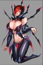 badcompzero big_breasts cosplay elise_kythera_zaavan league_of_legends league_of_legends:_wild_rift lipstick original_character red_eyes red_hair red_lipstick stargizar thick_thighs thighhighs