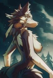 2022 anthro areola breasts canid canine canis digital_media_(artwork) female fur grey_body grey_fur hi_res hioshiru mammal nipples nude original_character solo white_body white_fur wolf