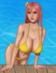 1girls bikini cleavage curvy dead_or_alive female female_only flower_in_hair habadas honoka_(doa) huge_breasts looking_at_viewer magenta_eyes pink_hair pool solo swimsuit voluptuous